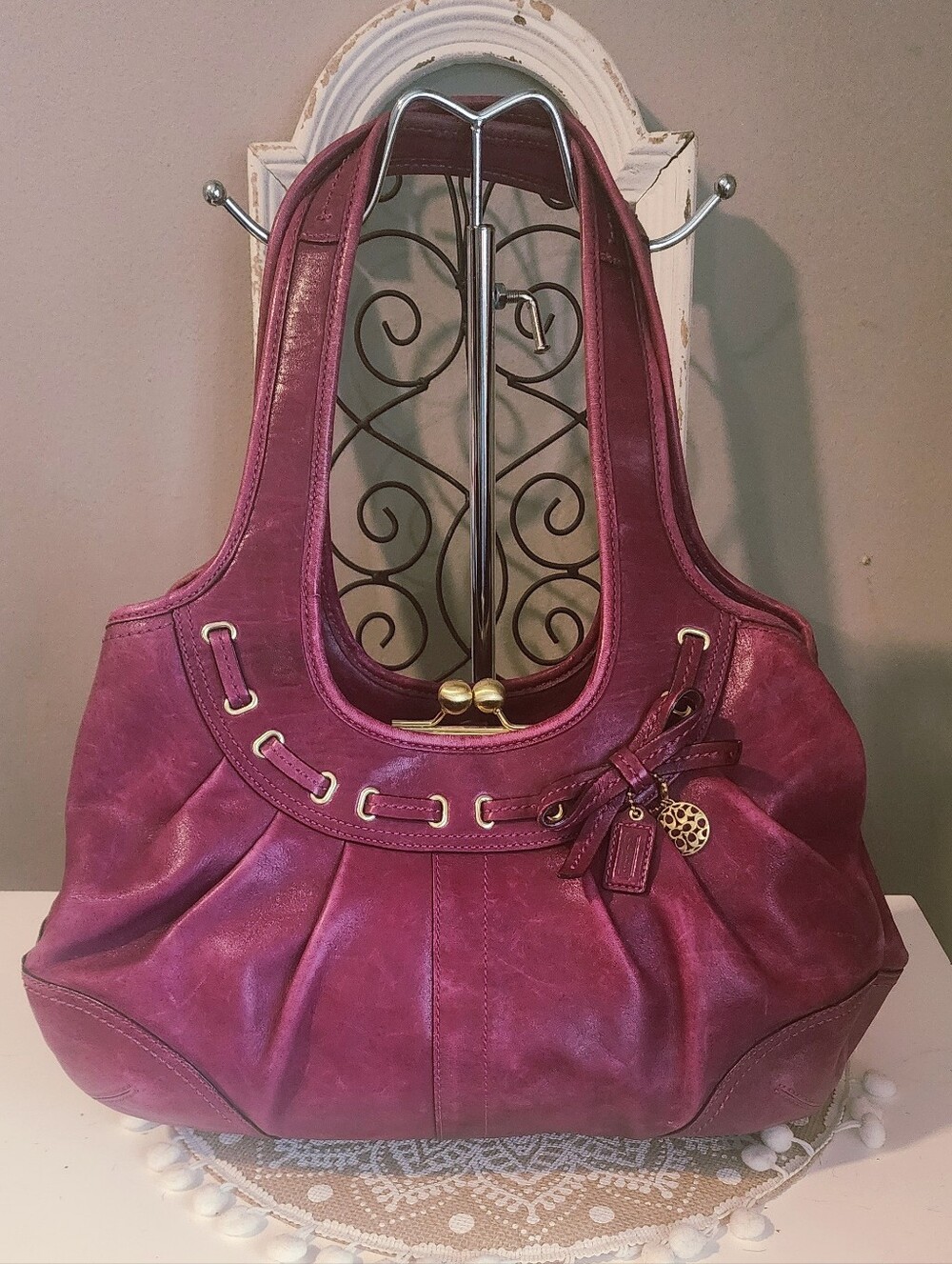 Coach Rare Vintage Y2k Ergo Pleated Lace Frame Leather Hobo With Bow